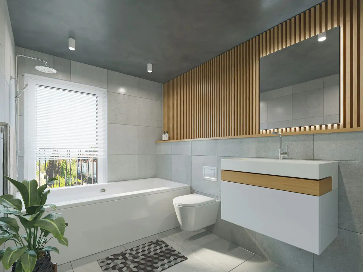 Baño moderno con bañera, revestimiento de madera en listones y espejo retroiluminado