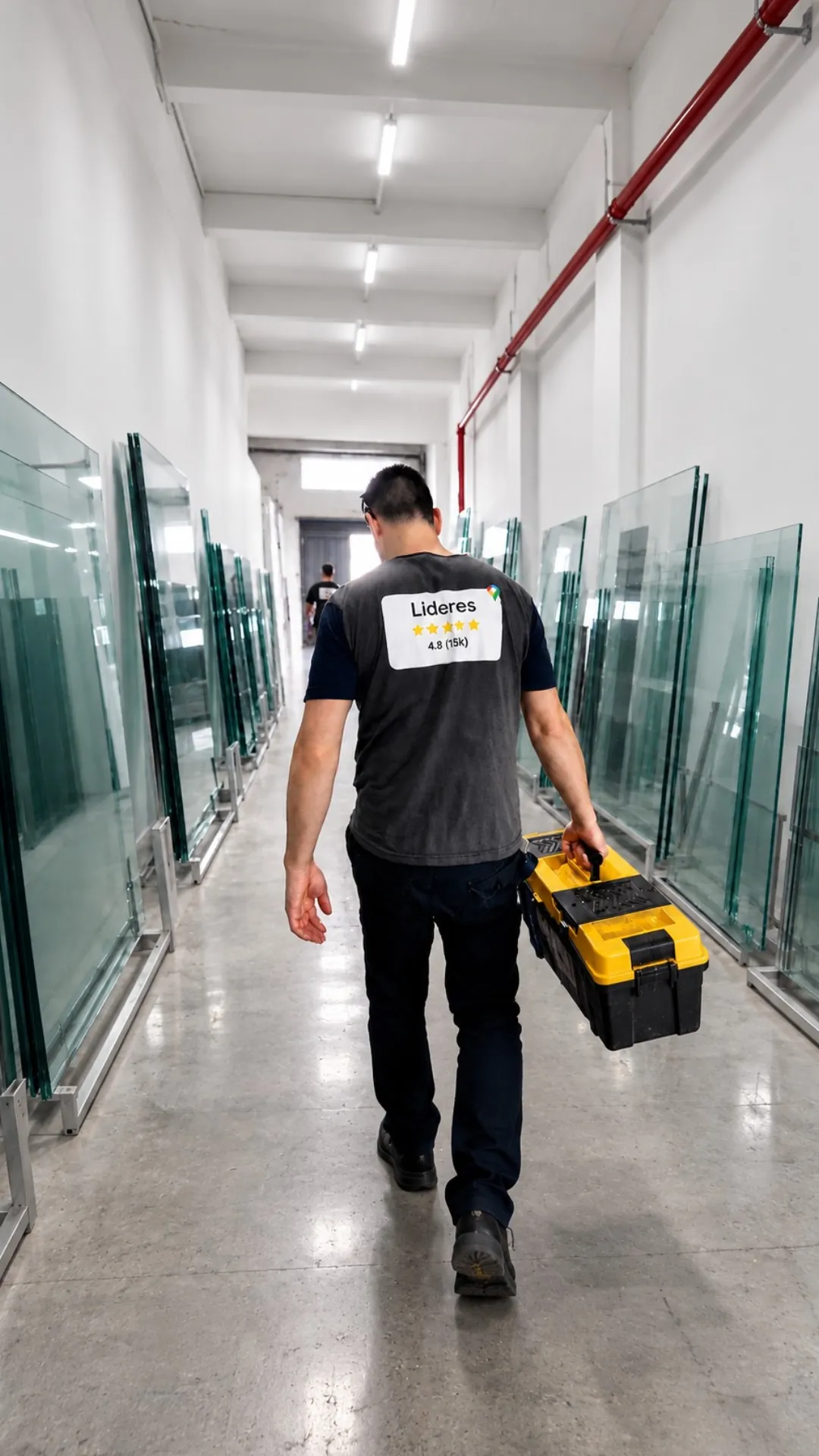Integrante del equipo de Vidrear caminando por la fábrica entre paños de vidrio templado