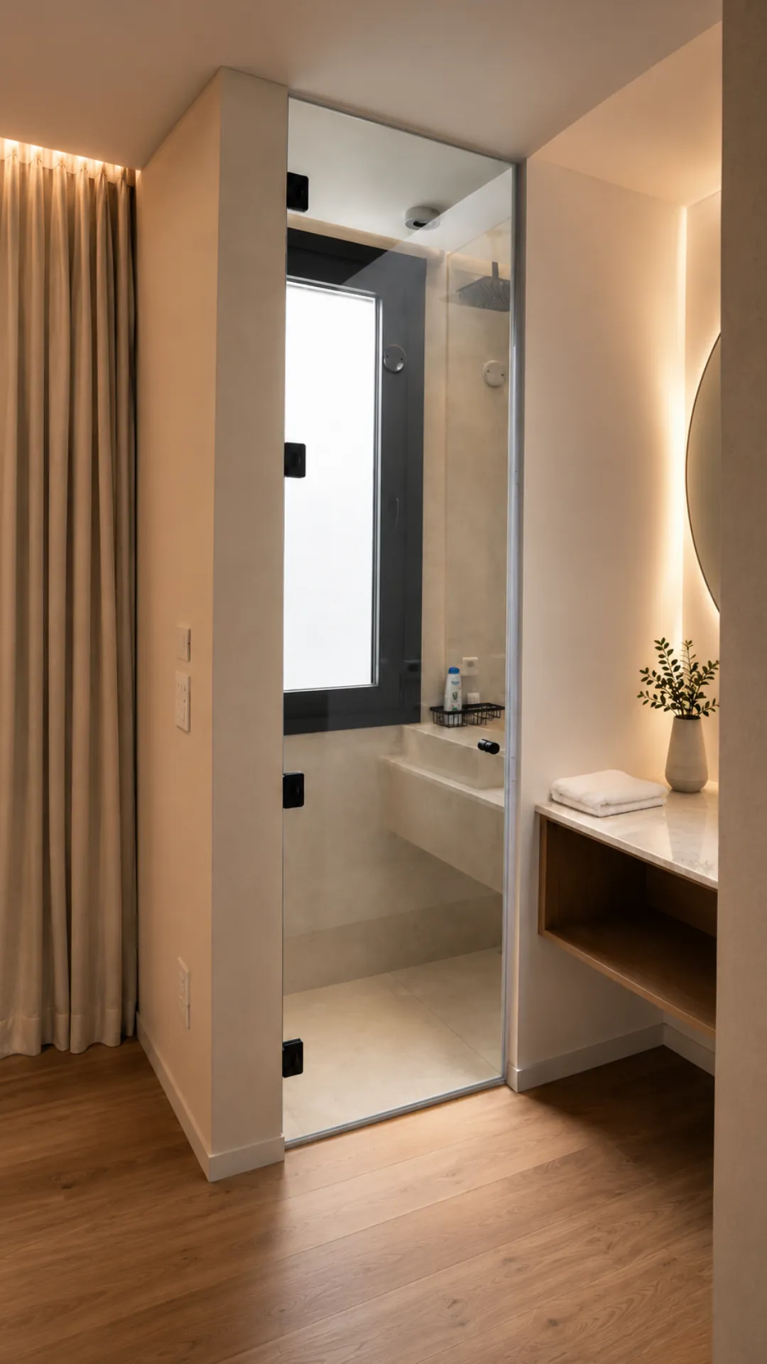 Puerta rebatible de vidrio templado con herrajes negros
